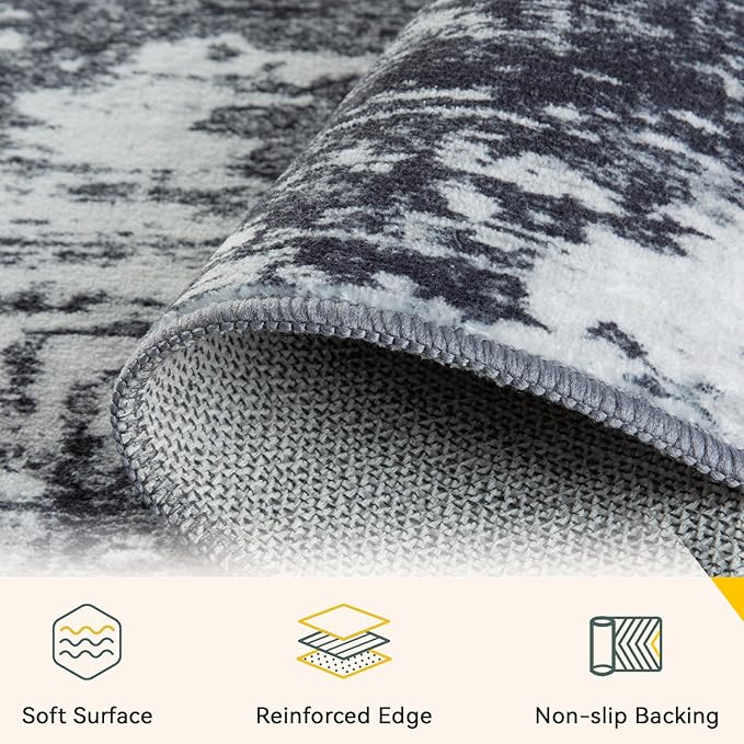 Washable Area Rugs 6'x9' Non-Slip Modern Abstract Soft for Living Room Entryway Bedroom Nursery, Print Pattern, Black Navy Blue Gray