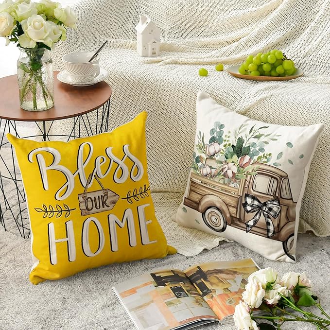 AVOIN colorlife Bless Our Home Farmhouse Eucalyptus Leaves Throw Pillow Covers, 16 x 16 Inch Yellow Truck Home Sweet Cushion Case Decorations Set of 4