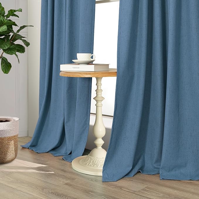 Denim Blue Blackout Curtains & Drapes 84 Inch Length 2 Panels Set Faux Linen 100% Black Out Room Darkening Soundproof Country Blue Curtains for Bedroom Living Room Back Tab Pocket 52x84 Long Drapes