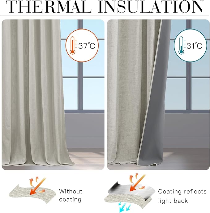 RYB HOME 100% Blackout Cream Curtains, Linen Texture Thermal Insulated Drapes for Bedroom/Living Room/Office/Nuesery, Privacy Farmhouse Full Blackout Window Treatment, W52xL96 Inch Long, 2 Panels