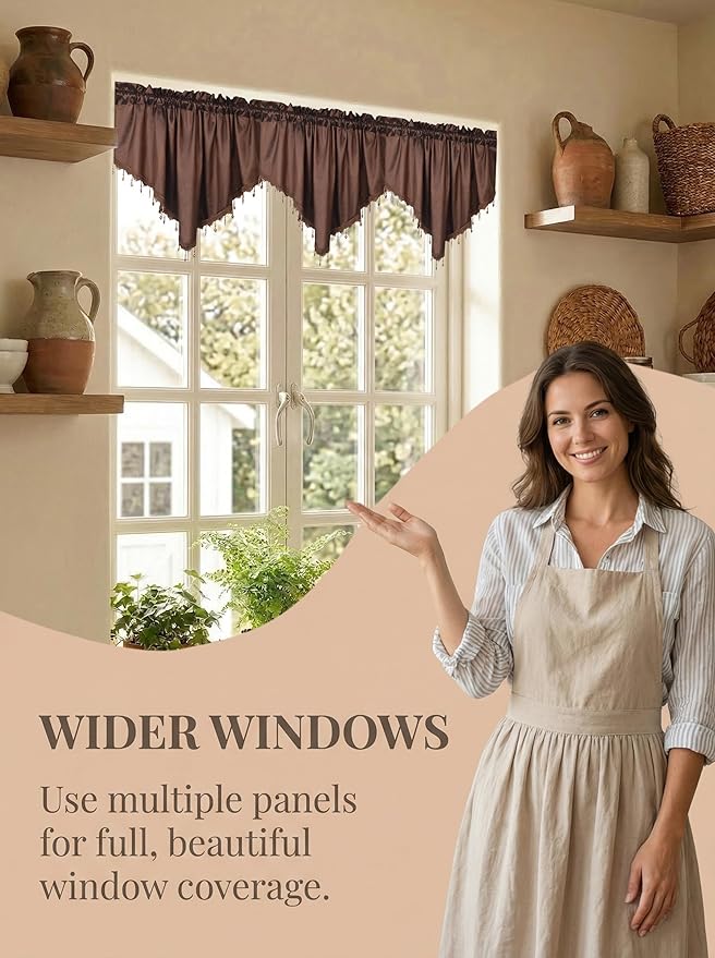 Molaxhome Swag Curtain 51 inch Length Rod Pocket Scalloped Curtain Valance Sheer Lace Panels with Hanging Crystal Beads for Kitchen Bedroom Window Treatments Drape Decor 1pc (Cloth Coffee, 51Wx23L)