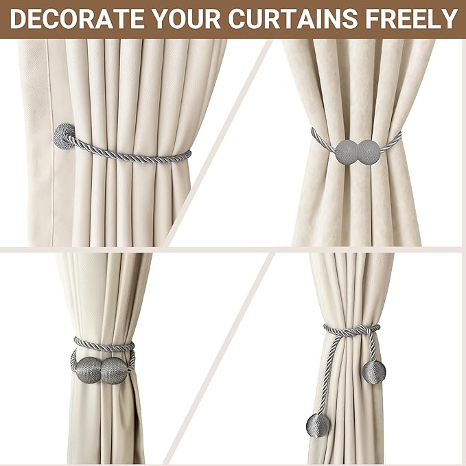 Hion Magnetic Curtain Tiebacks Grey 6 Pack, Curtain Tiebacks Buckles Holdbacks Holders Hooks Clip for Home Bedroom Office Decorative Thick or Thin Curtain