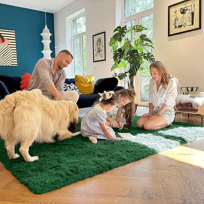 OLANLY 2x4 Machine Washable Runner Rugs for Hallway, Soft Fluffy Shaggy Bedside Rugs for Bedroom, Living Room, Indoor Floor Carpet for Kids Girls Boys, Nursery Rooms, Home Decor Aesthetic, Dark Green