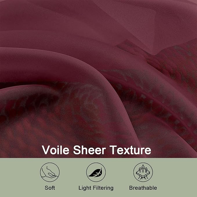 OWENIE Sheer Curtains 2 Panels Set for Bedroom Living Room, Soft Solid Rod Pocket Light Filtering Window Treatment, 2Pcs Each 59" W x 108" L, Burgundy Wine