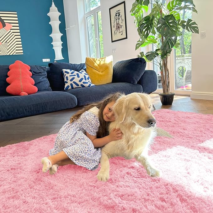 OLANLY 3x5 Machine Washable Small Bedside Rug, Soft Fluffy Shaggy Rugs for Living Room, Bedroom, Indoor Floor Carpet for Kids Girls and Boys, Preppy Dorms, Nursery, Home Decor Aesthetic, Pink