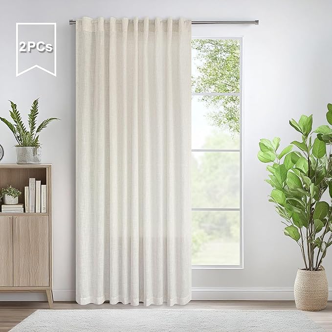 Pitalk 72 Inch Wide Curtains for Living Room 84 in Long 2 Panels Natural Linen Semi Sheer Light Diffusing Window Treatment Pole Pocket Back Tab Ivory Cream Curtains for Bedroom Width 72x84 Length