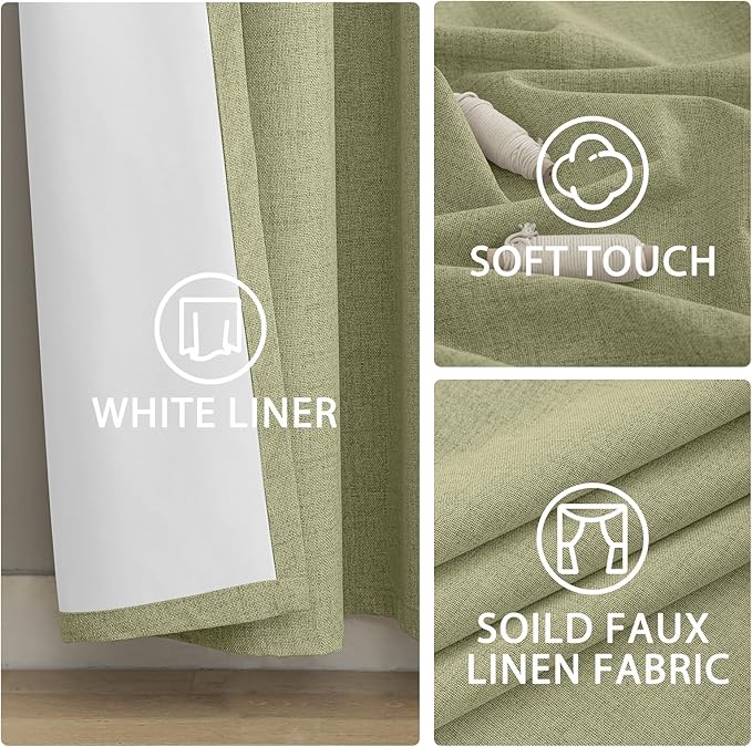 Yakamok Linen Sage Curtains 100% Blackout 63 Inches Long,Room Darkening Textured Curtains for Living Room Thermal Grommet Bedroom Curtain 2 Panels with Greyish White Liner