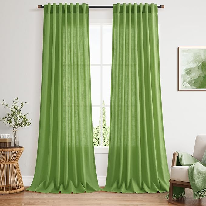 Lime Green Linen Curtains 90 Inch Long 2 Panels Set for Bedroom Living Room, Soft Linen Textured Window Drapes Semi Sheer Light Filtering Rod Pocket Back Tab Morden Style 52x90