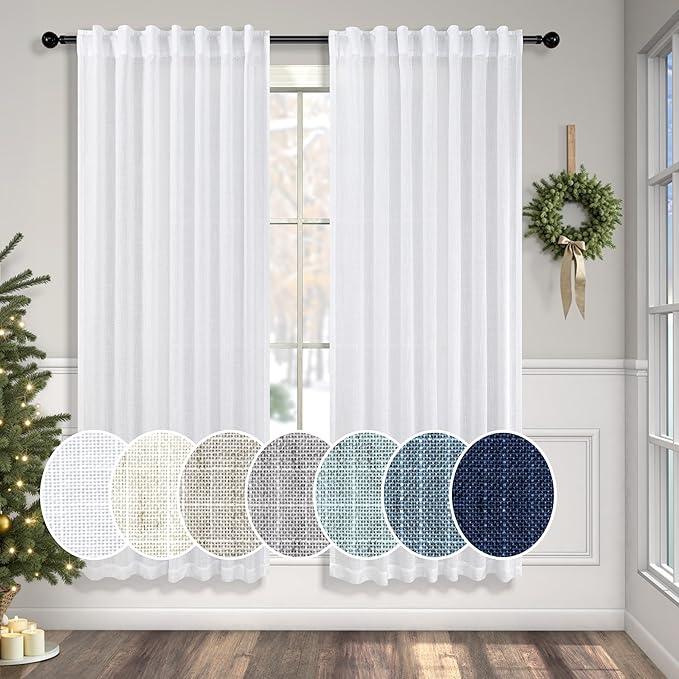 Pitalk White Linen Sheer Curtains 68 Inch Length 2 Panels for Living Room Rod Pocket Pleated Farmhouse Coastal Decor Cotton Textured Gauze Curtain for Dining Room Home Office French Door 52 x 68 Long