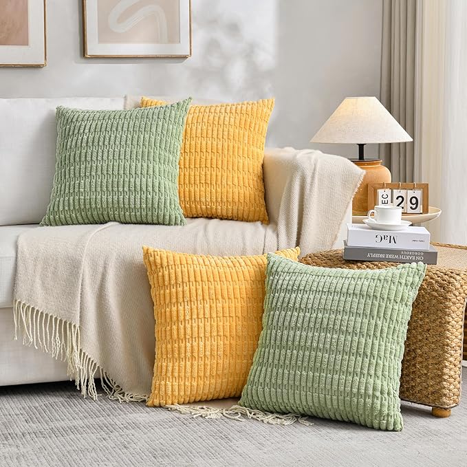Fancy Homi Set of 4 Spring Boho Decorative Throw Pillow Covers 24x24 Inch for Couch Bed Sofa, Sage Green Yellow Room Decor, Soft Fuzzy Fluffy Cozy Corduroy Textured Cushion Case 60x60cm
