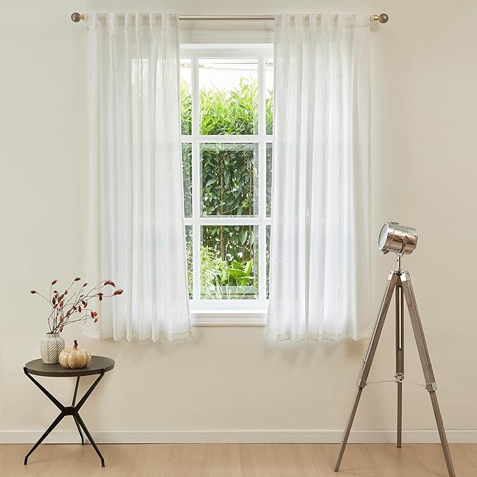 MYSKY HOME Short Curtains for Bedroom Small Windows, Light Filtering Sheer Drapes Boho Decor Country Style Kitchen Bathroom Panels Set, Light Filtering Privacy Blind, Beige White, 50x54, 2 Pieces