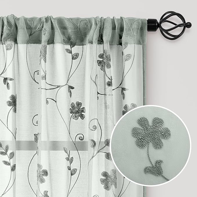 HOMEIDEAS Sage Green Sheer Curtains 96 Inches Long 2 Panels Embroidered Floral Pattern Semi Sheer Window Curtains for Bedroom Living Room