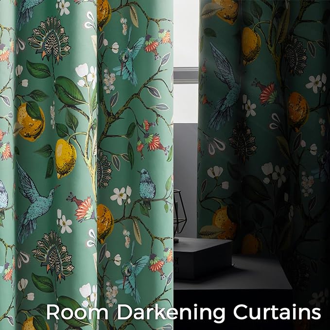 Topfinel 105 Inches Long Sage Green Luxury Curtains for Living Room Bedroom, Blackout Vintage Art Deco Victorian Curtains Floral Lemon Hummingbird Printed Grommet Drape 105 Inch Length