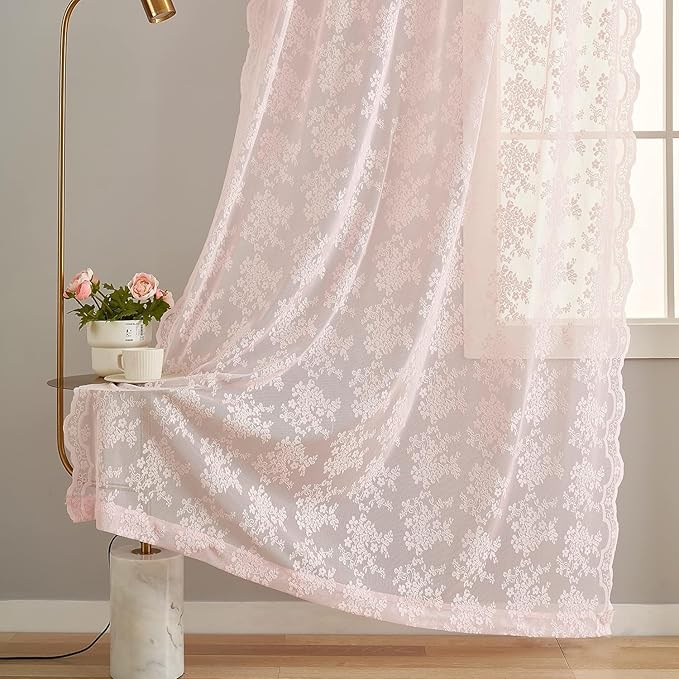 YJ YANJUN Vintage Lace Curtains Pink Boho Floral 80 Inch Curtains for Girls Room Princess Closet Curtain for Open Closet Pink Sheer Sliding Closet Door Drapes 2 Panels Set Light Pink 52W x 80L