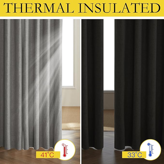 NICETOWN Grizzle Gray Vintage Linen 100% Blackout Curtains for Living Room, Thermal Insulated Curtains 63" Long, Noise Reducing Window Treatment Drapes for Hall Room, 52" Wide Per Panel, Set of 2