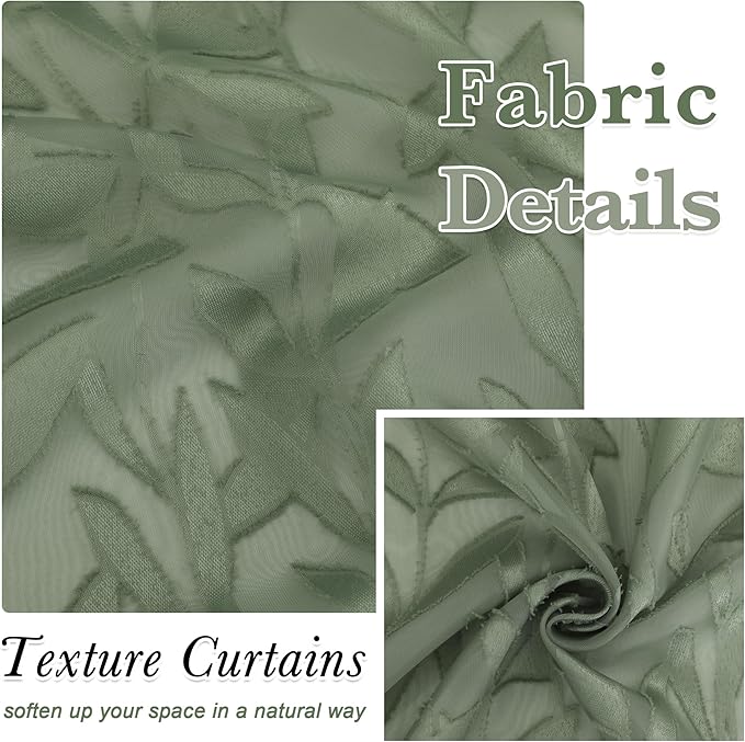 Lecloud Leia 14 Inch Sage Valance for Window Green Sheer Curtains 2 PCS, Jacquard Texture Leaves Semi Voile Living Room Curtain for Small Window, Dual Rod Pockets Bedroom Kitchen Valance, 38W x 14L