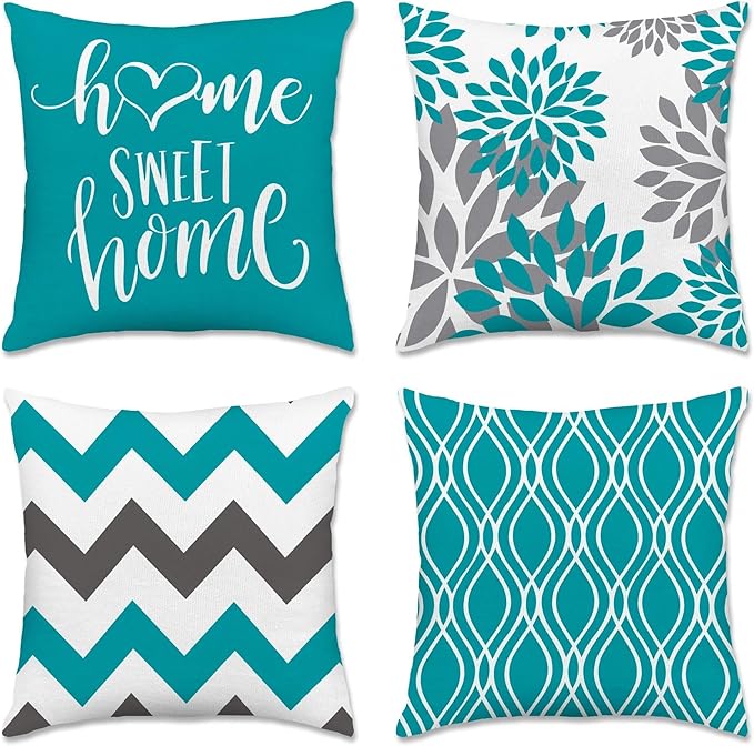 Hexagram Geometric Teal Pillow Covers 16x16 Set of 4, Decorative Outdoor Boho Modern Throw Pillow Covers, Home Sweet Home Farmhouse Cushion Case for Couch Sofa Bedroom Indoor Decor(No Insert)