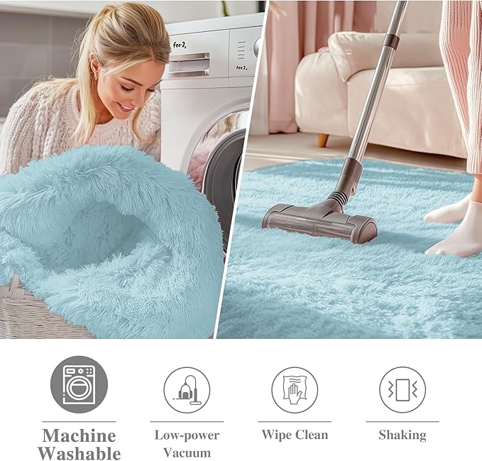 OLANLY Light Blue Round Rugs for Bedroom - Machine Washable, 8 ft Circle Area Rugs for Living Room, Soft and Fluffy Shaggy Carpet for Teen Girl and Boys, Nursery Rooms, Dorms, Home Decor Aesthetic