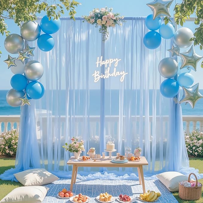 20ft x 15ft Baby Blue Tulle Backdrop Curtain for Birthday Party Sheer Fabric Backdrop Curtains for Baby Shower Boy Back Drop Gender Reveal Wedding Photo Backdrop Drapes Background 4 Panels 5ft x 15ft
