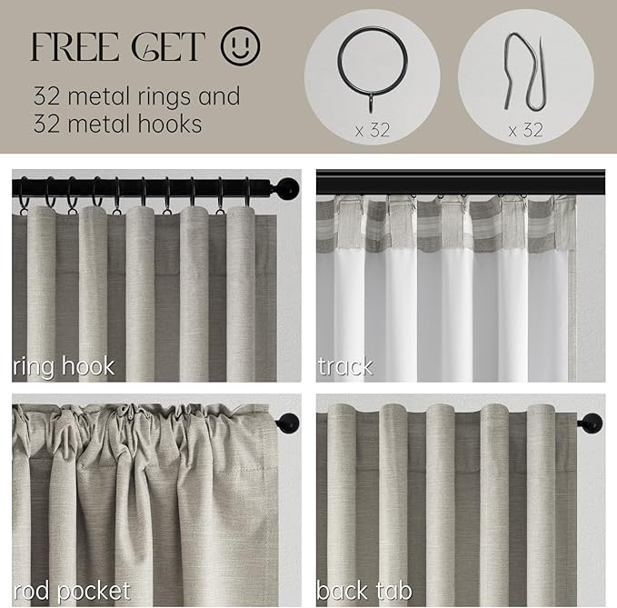 Topfinel 90 Inches Linen Curtains 100% Blackout Curtain for Bedroom Livingroom Vintage Farmhouse Linen Textured Thermal Room Darkening Drapes 2 Panels with Back Tab Rod Pocket Pinch Pleated Flax Grey