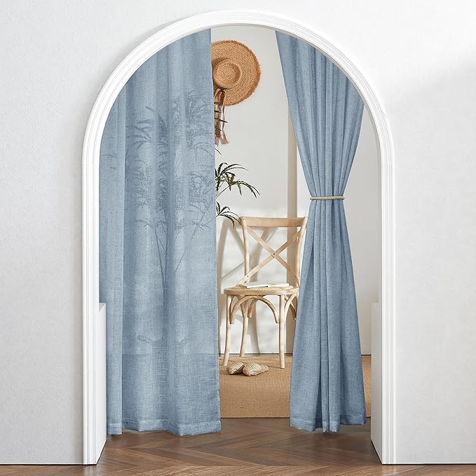 RYB HOME Blue Linen Sheer Curtains for Living Room Kids Room, Semi Transparent Elegant Flax Linen Texture Breathable Durability Decor 72 inch Length, W 52 x L 72 inches, Dusty Blue, 2 Panels