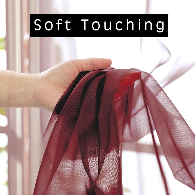 OWENIE Sheer Curtains 54 inches Long 2 Panels Set, Rod Pocket Curtain Sheers for Living Room/Bedroom, Light Filtering Voile Panels Drapes Small Window Treatments, 42" W x 54" L, Burgundy Red