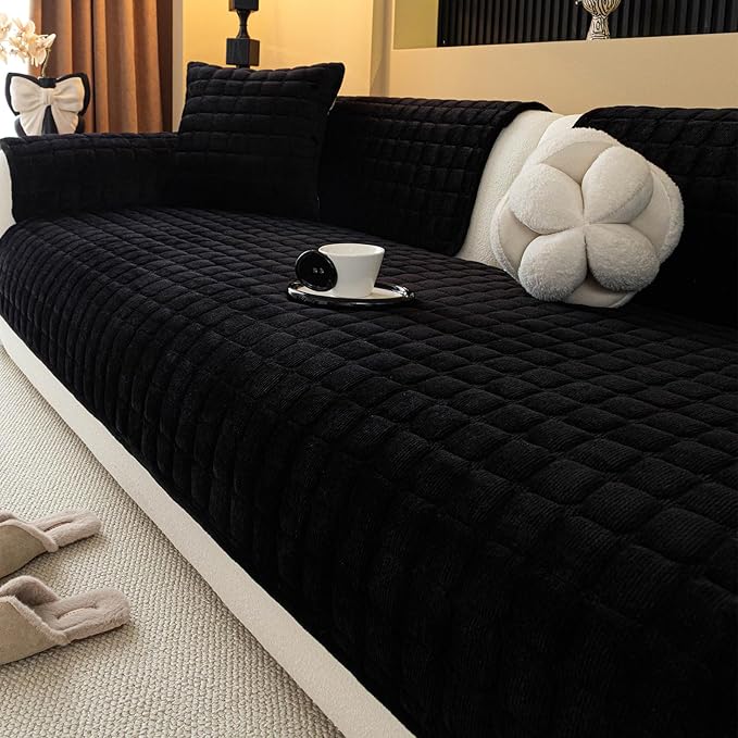 Velvet Couch Cover, Plush Sectional Sofa Cover Washable, Anti Slip Sofa Slipcover for 3-4 Cushions Sofas, Furniture Protector Covers for Pets & Kids(1PC, Black, 35.4"×82.6", 3-4 Seater)