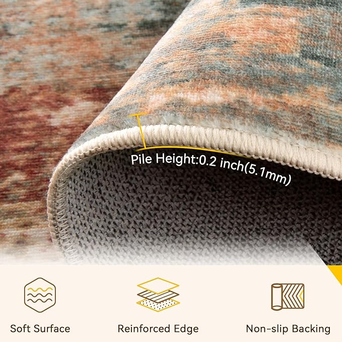 Washable Area Rugs Square 9ft Non-Slip Modern Abstract Soft for Living Room Entryway Bedroom Nursery, Print Pattern, Brown Rust Red Green Blue Multi