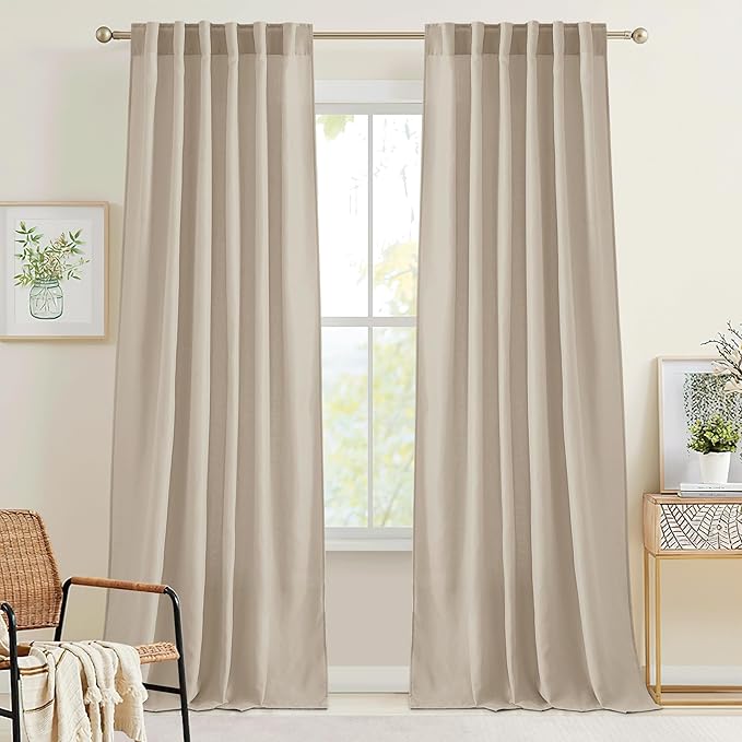 RYB HOME Linen Sheer Curtains 90 inches Long 2 Panels Set,Natural Lightweight Light Filtering Half Privacy Gauze Curtains Cortina for Living Room Bedroom, W 52 x L 90, Taupe