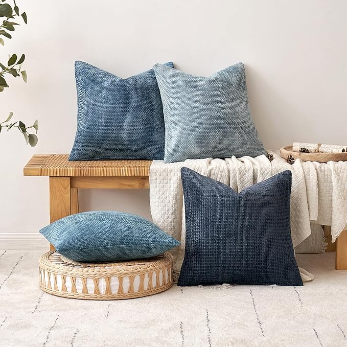 MIULEE Pack of 2 Euro Sham Pillow Covers 24x24 Inch Coastal Smoke Blue Modern Boho Accent Decorative Throw Pillow Covers Chenille Farmhouse Cushion Covers for Home Decor Couch Bed Sofa Living Room