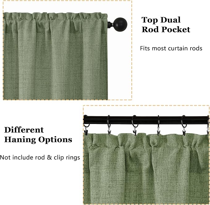 OWENIE Sage Green Valances for Windows 1 Pcs, Light Filtering Textured Farmhouse Short Small Valance Curtains for Bathroom Basement Living Room, Rod Pocket Half Curtains Over Sink, 60" W by 16" L