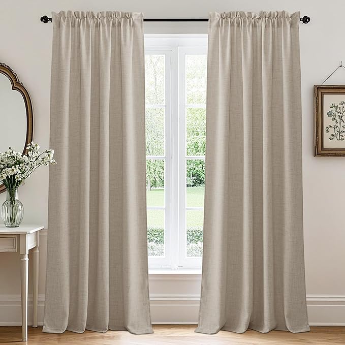 RYB HOME Natural Beige Linen Sheer Curtains 108 inches Long for Living Room/Bedroom, Back Tab/Rod Pocket, Light Filtering Sheer Curtains and Drapes, W 52 x L 108 inches, 2 Panels Set