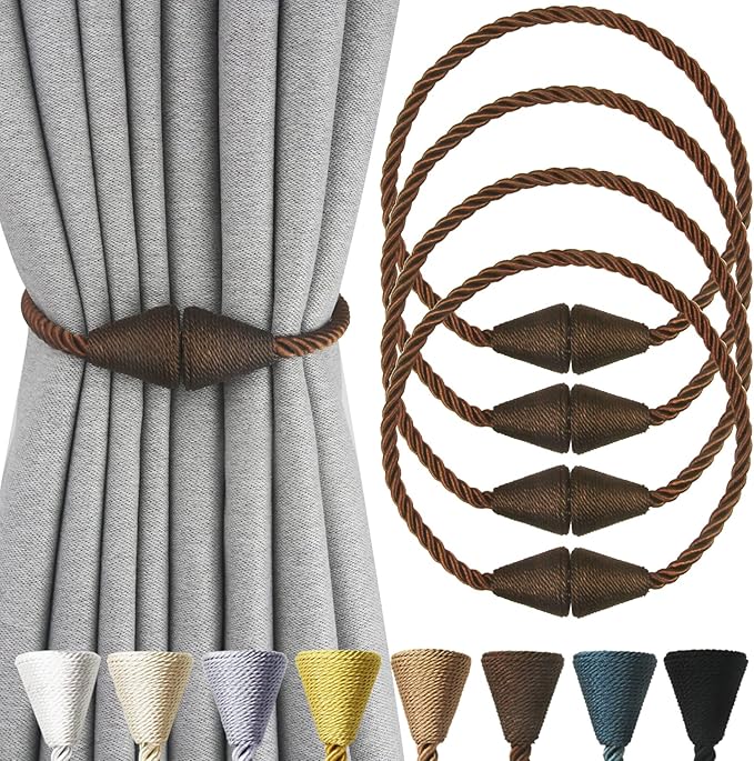 4 Pack Magnetic Curtain Tiebacks Rope Modern Handmade Curtain Tie Backs Decorative Drapes Weave Holdbacks for Window Décor, Coffee