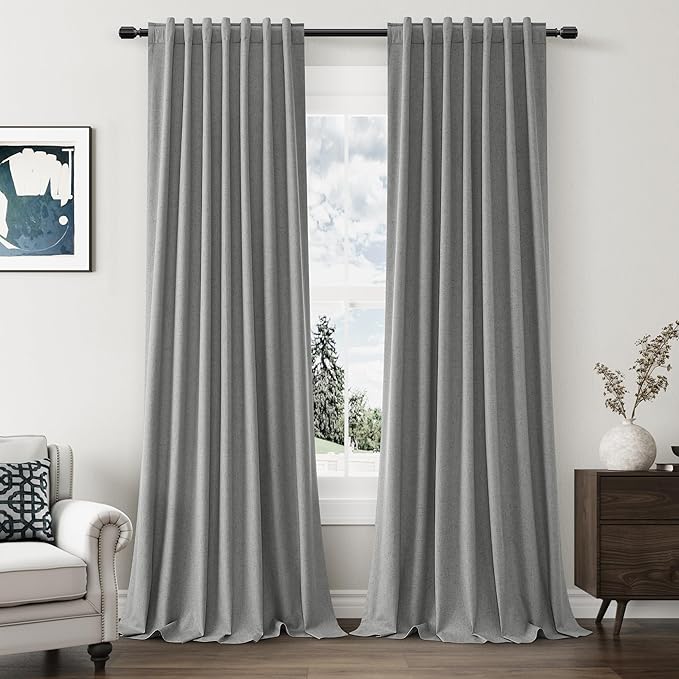Guken 100% Blackout Linen Curtains 120 Inch Length 2 Panels Set for Living Room Bedroom Back Tab Thermal Insulated Black Out Linen Drapes Room Darkening Window Curtains,Dark Grey