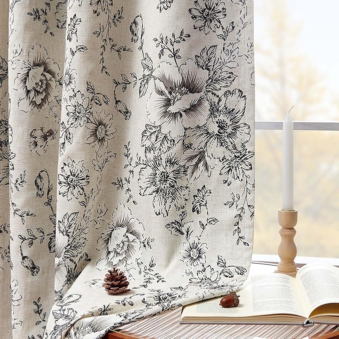 jinchan Blackout Floral Curtains for Living Room Bedroom Linen Blend Curtain Farmhouse Black Printed with Lined Back Tab Rod Pocket Drapes Window Treatments 2 Panels 63 Inch