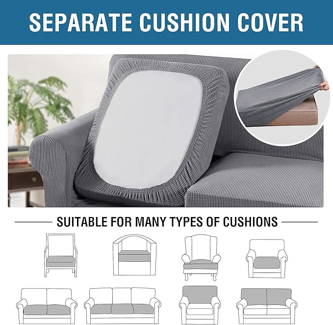 H.VERSAILTEX 3 Piece Stretch Sofa Covers for 2 Cushion Loveseat Couch Covers for Living Room Sofa Slipcovers (Base Cover Plus 2 Seat Cushion Covers) Thicker Jacquard Fabric(Medium Sofa, Dove)