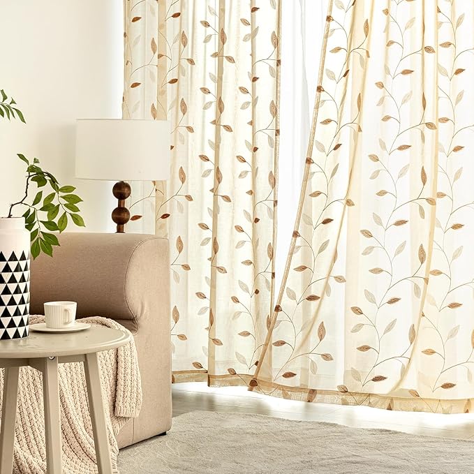 MIULEE Beige Sheer Curtains 2 Panels Embroidered Leaf Patterned Rod Pocket Floral Semi Sheer Faux Linen Window Curtains Drapes Set for Living Room Bedroom Dining Room, 52x96 Inches Long