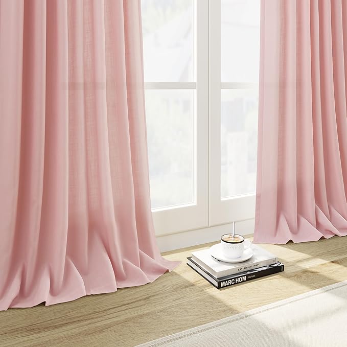 Nanspring Pink Linen Curtains 102 Inches Long Rod Pocket Back Tab Drapes 2 Panels Set for Kids Light Filtering Semi Sheer Pink Curtain 102 Length for Patio Door Bedroom 52x102