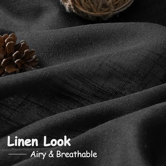 Black Large Window Curtains Light Filtering Semi Sheer Privacy Linen Textured Curtain for Patio Sliding Glass Door Extra Wide Rustic Farmhouse Drapes for Living Room Bedroom Sunroom 100x90 Inch