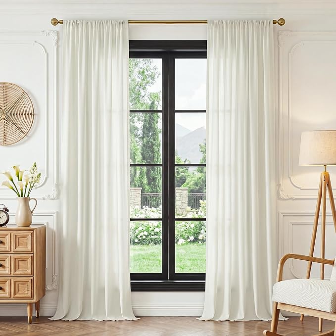 FMFUNCTEX Sheer Non-See-Through Netural Beige Curtains for Bedroom, Faux Silk That Let Light Curtains 63 inches Long Light Filtering Privacy Sheer Window Drapes for Living Room, Rod Pocket 2Panels Set