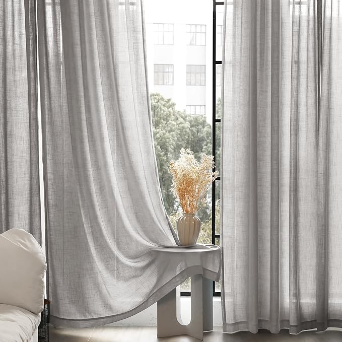 Linen Blend Grey Curtains for Living Room Back Tab Modern Farmhouse Semi Sheer Light Gray Curtains 84 inches Long 2 Panels Set Muted Neutral Cotton Texture Window Curtain for Dining Room Bedroom