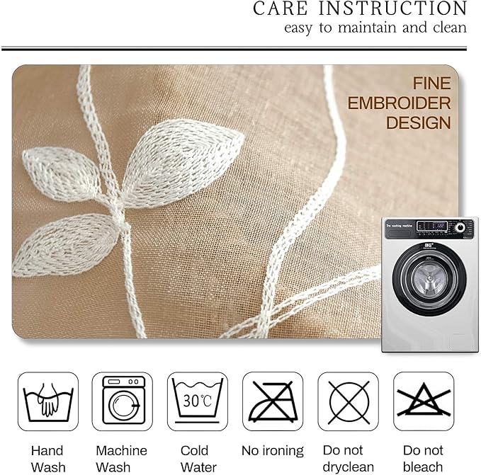 AmHoo 2 Panels Embroidered Leaf Pattern Semi Sheer Curtains Foliage Floral Voile Window Draperies Treatment for Bedroom Living Room Rod Pocket Taupe 53 x 84 Inch