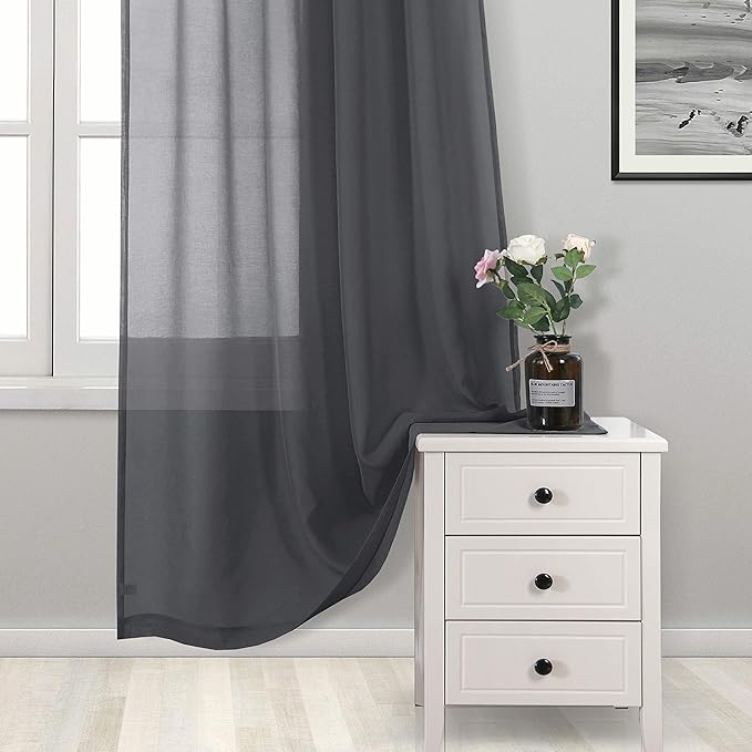 DWCN Dark Grey Sheer Curtains Semi Transparent Voile Rod Pocket Curtains for Bedroom and Living Room, 42 x 63 inches Long, Set of 2 Panels