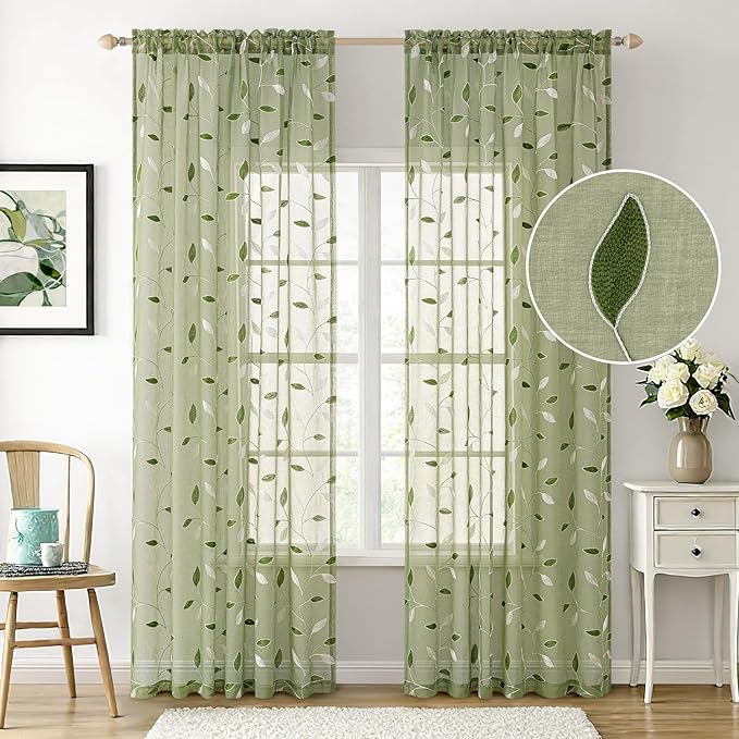 MIULEE Sage Green Sheer Curtains 2 Panels Embroidered Leaf Patterned Rod Pocket Floral Semi Sheer Faux Linen Window Curtains Drapes Set for Living Room Bedroom Dining Room, 52x96 Inches Long
