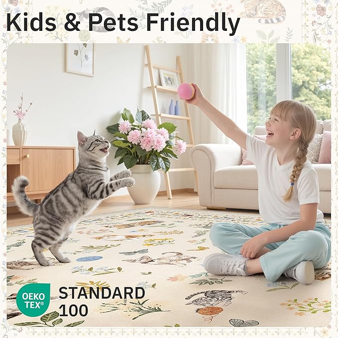 Cat 8x10 Area Rugs for Living Room, Machine Washable Animal Floral Vintage Rug Non-Slip Low Pile Soft Throw Large Rugs for Bedroom Dining Room Kitchen Nursery Playroom (8 x 10,Beige)
