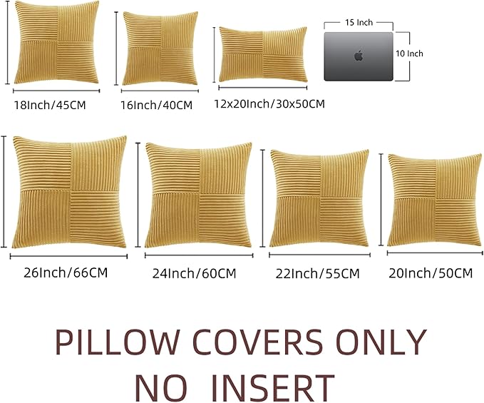 Fancy Homi 2 Packs Mustard Yellow Euro Decorative Throw Pillow Covers 26x26 Inch for Living Room Couch Bed, Farmhouse Boho Home Decor, Soft Corss Corduroy Patchwork Square Cushion Case 66x66 cm
