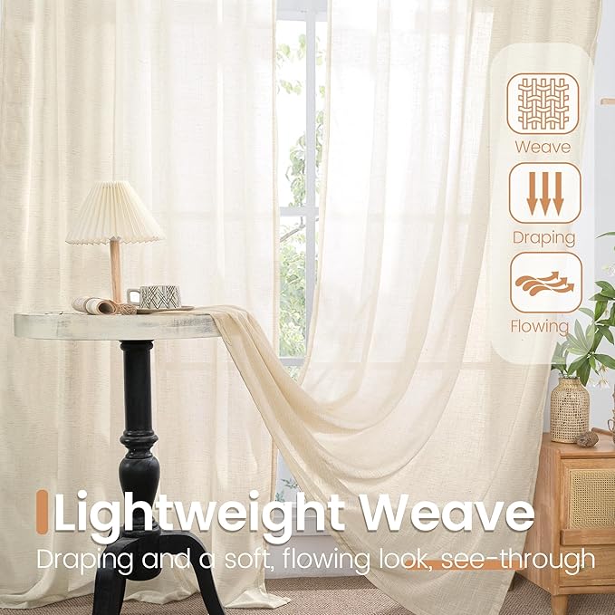 BGment 90 Inches Long Curtains for Living Room - Beige Linen Window Drapes Semi Sheer Rod Pocket Light Filtering for Bedroom Dining Room Decor Lightweight Rustic, 2 Panels, 52 Inch Wide Each Panel