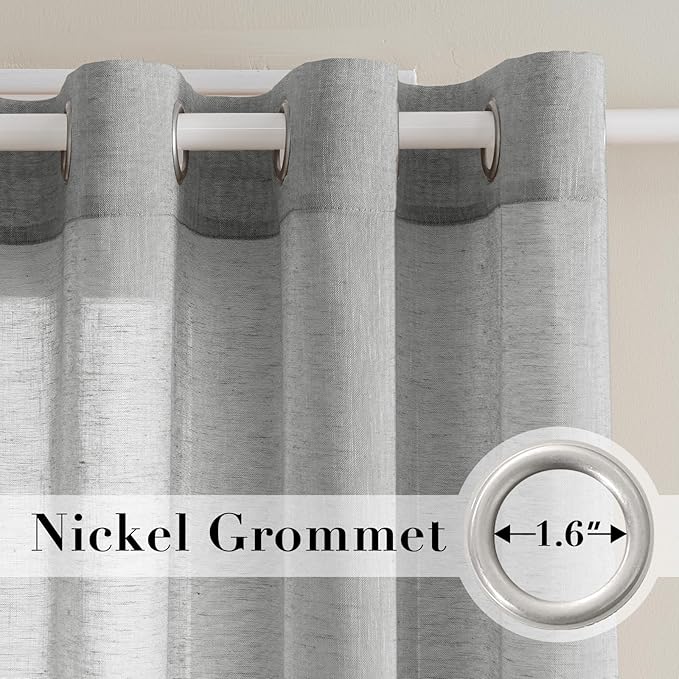 H.VERSAILTEX Linen Curtains Flax Linen Blended Curtain Panels for Living Room/Bedroom Semi Sheer Privacy Curtains 96 inch Length 2 Panels Set Nickel Grommet Window Drapes, Grey
