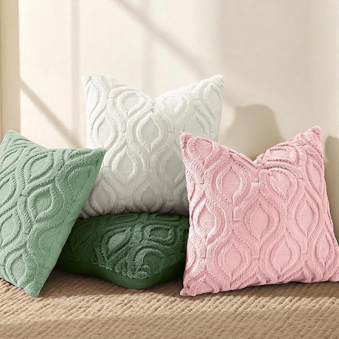 decorUhome Throw Pillow Covers 18x18 Inch Set of 2, Soft Plush Faux Wool Sage Green Solid Couch Pillow Covers, Accent Farmhouse Neutral Square Pillow Cases for Sofa Bed Living Room