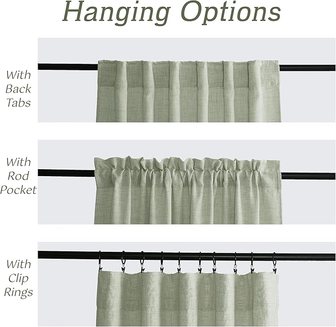 RYB HOME Linen Sheer Curtains and Drapes for Living Room and Dining Room 63 inches Length, Breathable Back Tab/Rod Pocket Semi Sheer Curtains, Sage Green, W 52 x L 63 inches, 2 Panels Set
